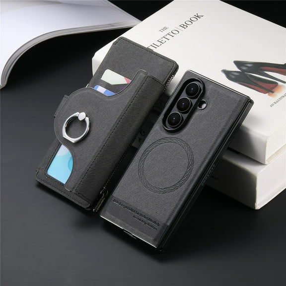 ELEHOLD Zipper Wallet Case for Samsung Galaxy Z Fold 5, 2-in-1 Detachable Magnetic Leather Flip Case with Ring and Card Slots,Black