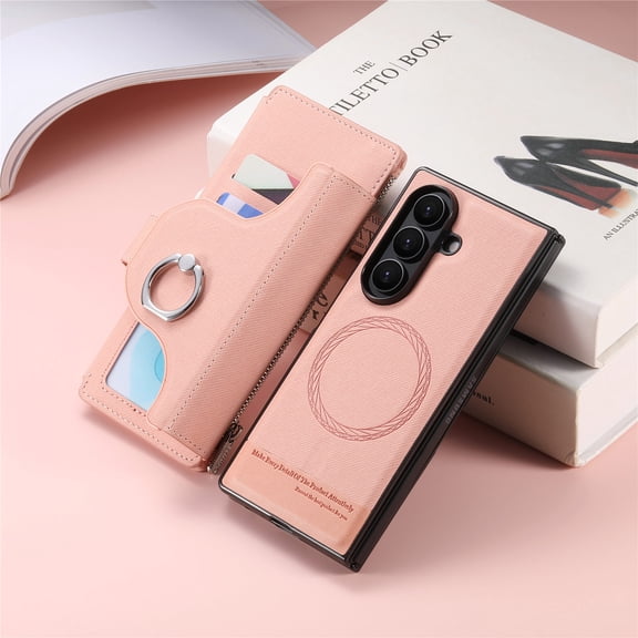 ELEHOLD Zipper Wallet Case for Samsung Galaxy Z Fold 6, 2-in-1 Detachable Magnetic Leather Flip Case with Ring and Card Slots,Pink