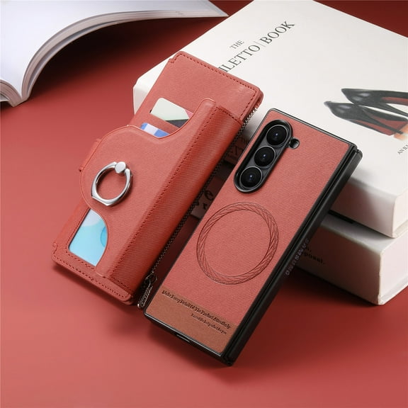 ELEHOLD Zipper Wallet Case for Samsung Galaxy Z Fold 6, 2-in-1 Detachable Magnetic Leather Flip Case with Ring and Card Slots,Red