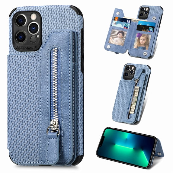 ELEHOLD Zipper Wallet Case for iPhone 14 Pro 6.1 inch Flip Card Slots Stand Function Magnetic Closure Full Body Shockproof Protective Case ,Blue