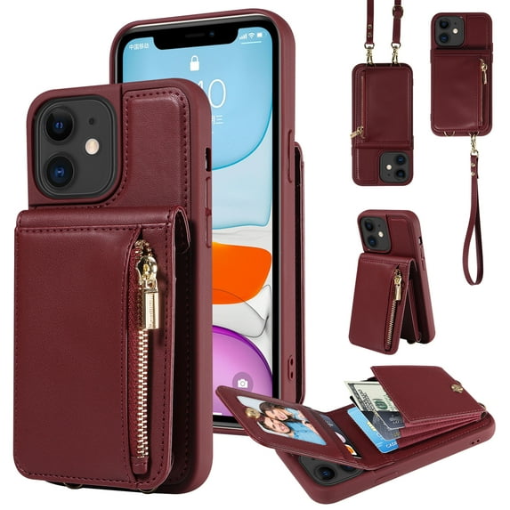 ELEHOLD Zipper Wallet Case for iPhone 11,Premium Leather with Organ Card Holders Zipper Purse Stand Function Detachable Long & Short Strap Crossbody Luxury Case,Winered