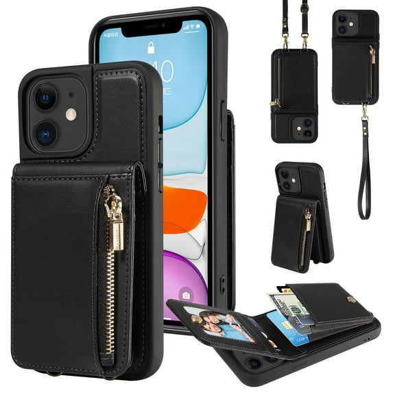ELEHOLD Zipper Wallet Case for iPhone 11,Premium Leather with Organ Card Holders Zipper Purse Stand Function Detachable Long & Short Strap Crossbody Luxury Case,Black