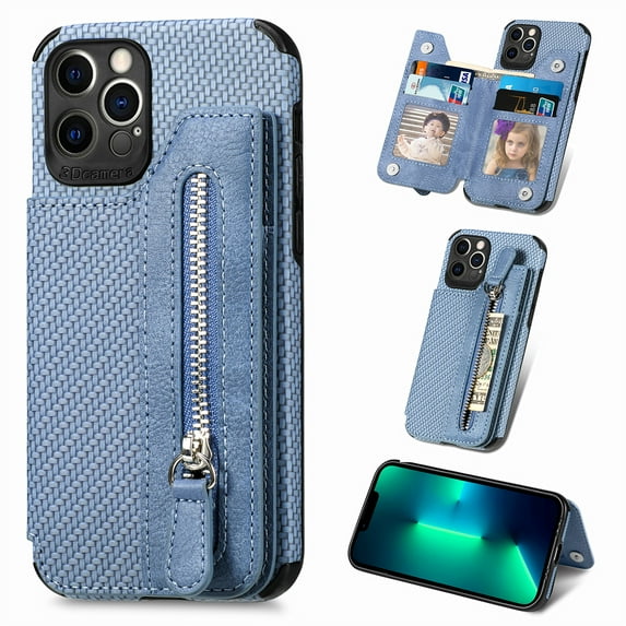 ELEHOLD Zipper Wallet Case for iPhone 13 Mini,Flip Folio Card Slots Zipper Storage Kickstand Function Magnetic Closure Full Body Shockproof Protective Case,blue