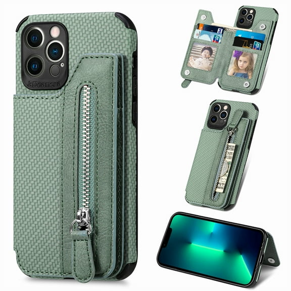 ELEHOLD Zipper Wallet Case for iPhone 13 Pro,Flip Folio Card Slots Zipper Storage Kickstand Function Magnetic Closure Full Body Shockproof Protective Case,green