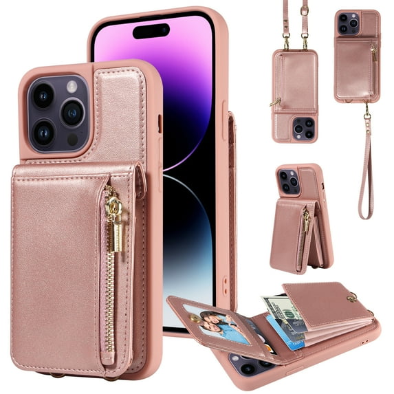 ELEHOLD Zipper Wallet Case for iPhone 13 Pro,Premium Leather with Organ Card Holders Zipper Purse Stand Function Detachable Long & Short Strap Crossbody Luxury Case,Rosegold