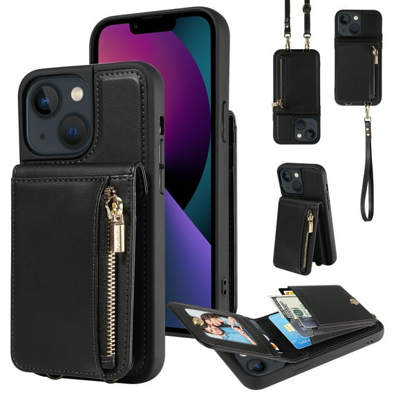 ELEHOLD Zipper Wallet Case for iPhone 14 Plus,Premium Leather with Organ Card Holders Zipper Purse Stand Function Detachable Long & Short Strap Crossbody Luxury Case,Black