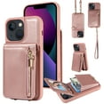 thumbnail image 1 of ELEHOLD Zipper Wallet Case for iPhone 14 Plus,Premium Leather with Organ Card Holders Zipper Purse Stand Function Detachable Long & Short Strap Crossbody Luxury Case,Rosegold, 1 of 8