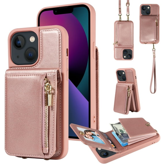 ELEHOLD Zipper Wallet Case for iPhone 14,Premium Leather with Organ Card Holders Zipper Purse Stand Function Detachable Long & Short Strap Crossbody Luxury Case,Rosegold
