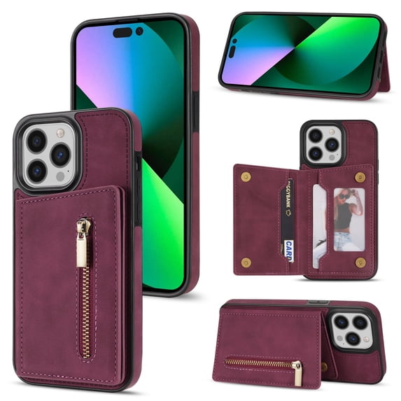 ELEHOLD Zipper Wallet Case for iPhone 14 Pro 6.1 inch,Made of Premium Vegan Leather and Soft TPU with Shockproof Full Body Protection Magnetic Kickstand and Card Slot Case, Winered