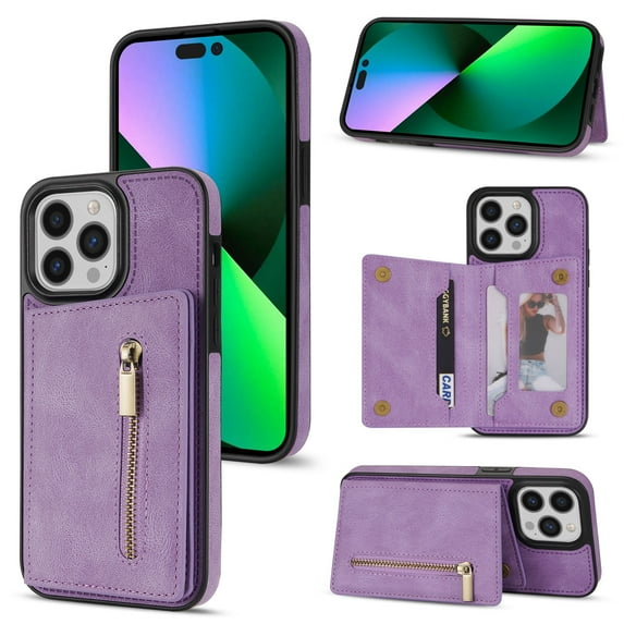ELEHOLD Zipper Wallet Case for iPhone 14 Pro Max 6.7 inch,Made of Premium Vegan Leather and Soft TPU with Shockproof Full Body Protection Magnetic Kickstand and Card Slot Case, Rosegold, Purple