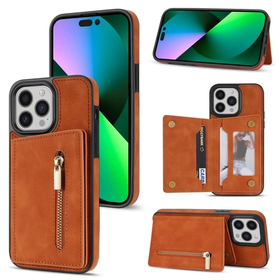ELEHOLD Zipper Wallet Case for iPhone 14 Pro Max 6.7 inch,Made of Premium Vegan Leather and Soft TPU with Shockproof Full Body Protection Magnetic Kickstand and Card Slot Case, Rosegold, Brown