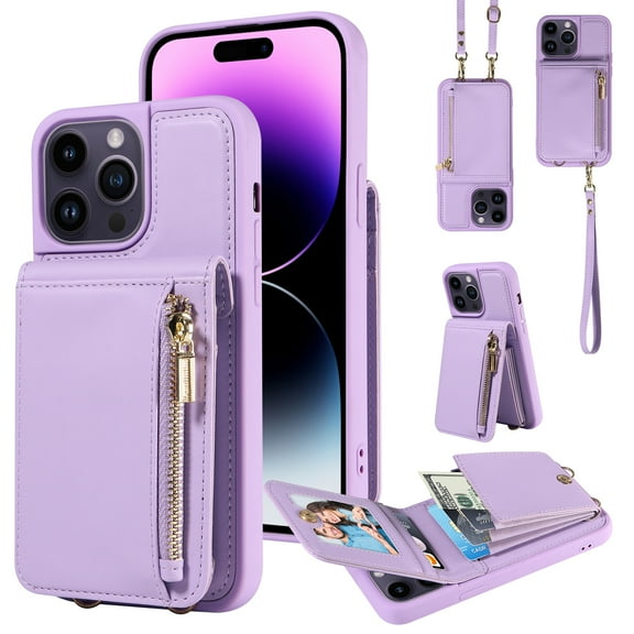 ELEHOLD Zipper Wallet Case for iPhone 14 Pro Max,Premium Leather with Organ Card Holders Zipper Purse Stand Function Detachable Long & Short Strap Crossbody Luxury Case,Purple