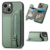 ELEHOLD Zipper Wallet Case for iPhone 15,Fiber Grain Texture Flip Folio Card Slots Zipper Storage Kickstand Function Magnetic Closure Shockproof Protective Case for iPhone 15 6.1 Inch,Green