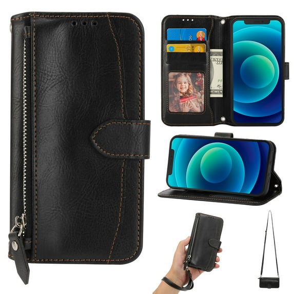 ELEHOLD Zipper Wallet Case for iPhone 15 PU Leather Purse Case with Crossbody Shoulder Strap Wrist Strap Card Slots Kickstand Magnetic Protective Case for iPhone 15 6.1" - Black