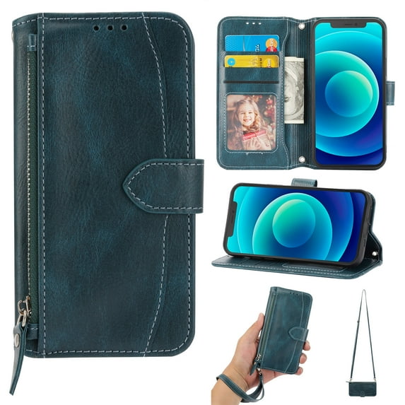 ELEHOLD Zipper Wallet Case for iPhone 15 PU Leather Purse Case with Crossbody Shoulder Strap Wrist Strap Card Slots Kickstand Magnetic Protective Case for iPhone 15 6.1" - Green