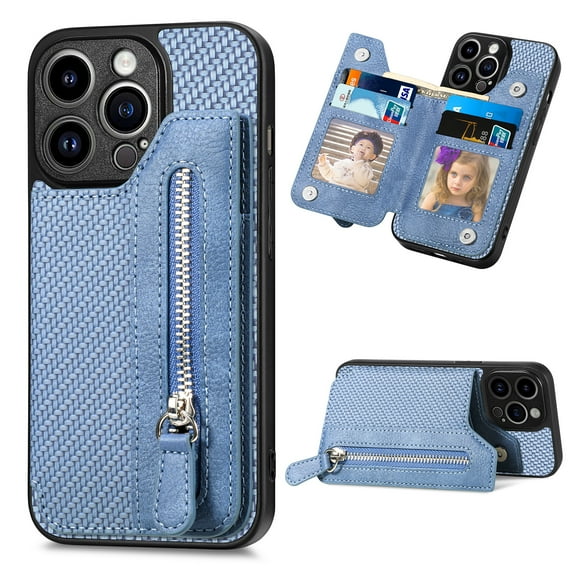 ELEHOLD Zipper Wallet Case for iPhone 15 Pro,Fiber Grain Texture Flip Folio Card Slots Zipper Storage Kickstand Function Magnetic Closure Shockproof Protective Case for iPhone 15 Pro 6.1 Inch,Blue
