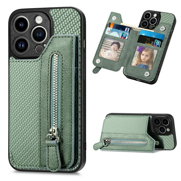ELEHOLD Zipper Wallet Case for iPhone 15 Pro,Fiber Grain Texture Flip Folio Card Slots Zipper Storage Kickstand Function Magnetic Closure Shockproof Protective Case for iPhone 15 Pro 6.1 Inch,Green