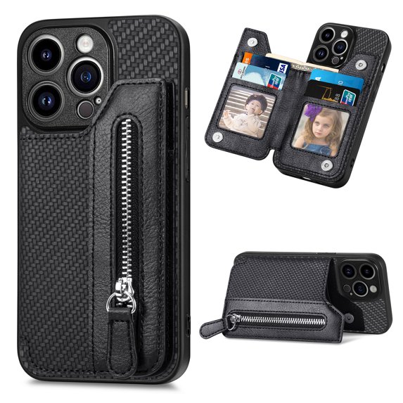 ELEHOLD Zipper Wallet Case for iPhone 15 Pro,Fiber Grain Texture Flip Folio Card Slots Zipper Storage Kickstand Function Magnetic Closure Shockproof Protective Case for iPhone 15 Pro 6.1 Inch,Black