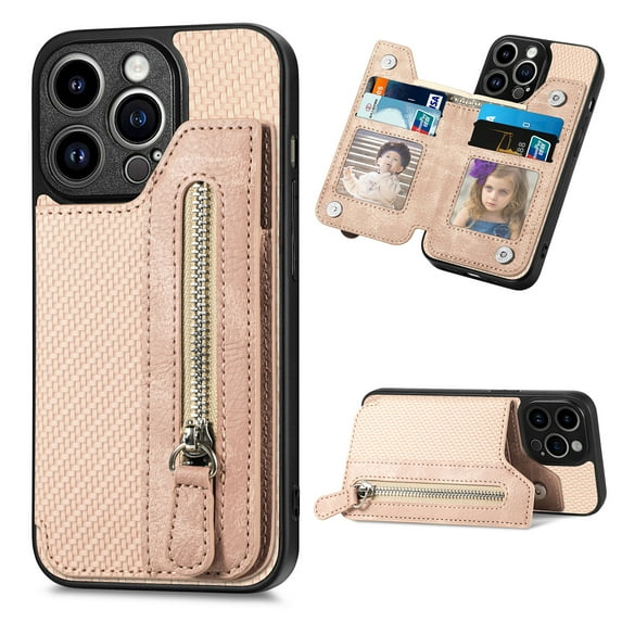 ELEHOLD Zipper Wallet Case for iPhone 15 Pro,Fiber Grain Texture Flip Folio Card Slots Zipper Storage Kickstand Function Magnetic Closure Shockproof Protective Case for iPhone 15 Pro 6.1 Inch,Khaki