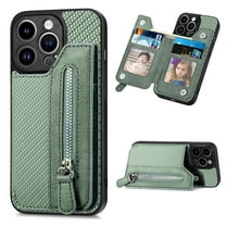ELEHOLD Zipper Wallet Case for iPhone 15 Pro Max,Fiber Grain Texture Flip Folio Card Slots Zipper Storage Kickstand Function Magnetic Closure Shockproof Protective Case for iPhone 15 Pro Max,Green