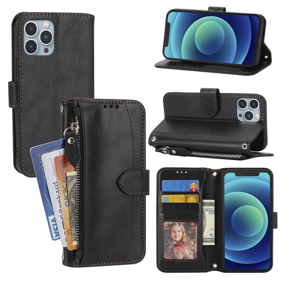 ELEHOLD Zipper Wallet Case for iPhone 15 Pro Max PU Leather Purse Case with Crossbody Shoulder Strap Wrist Strap Card Slots Kickstand Magnetic Protective Case for iPhone 15 Pro Max 6.7" - Black