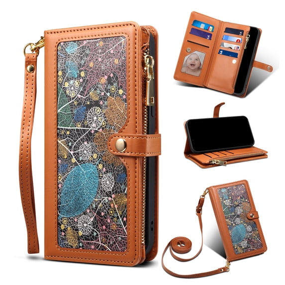ELEHOLD Zipper Wallet Case for iPhone 15 Pro Max, Special Leaf Pattern with Card Holders Zipper Pocket Kickstand Detachable Shoulder Strap Handstrap Shockproof Case for iPhone 15 Pro Max,Brown