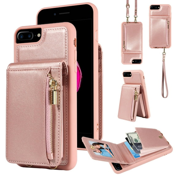 ELEHOLD Zipper Wallet Case for iPhone 7 / 8 / SE 2022 & 2020,Premium Leather with Organ Card Holders Zipper Purse Stand Function Detachable Long & Short Strap Crossbody Luxury Case,Rosegold
