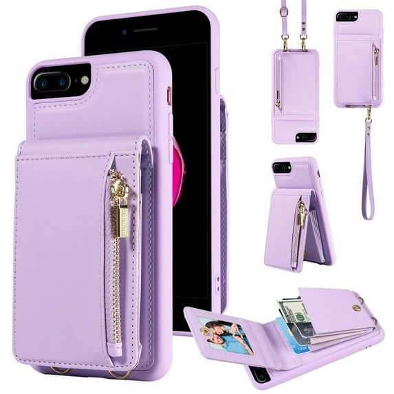 ELEHOLD Zipper Wallet Case for iPhone 8 Plus/7 Plus,Premium Leather with Organ Card Holders Zipper Purse Stand Function Detachable Long & Short Strap Crossbody Luxury Case,Purple