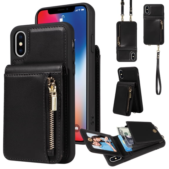 ELEHOLD Zipper Wallet Case for iPhone XR,Premium Leather with Organ Card Holders Zipper Purse Stand Function Detachable Long & Short Strap Crossbody Luxury Case,Black