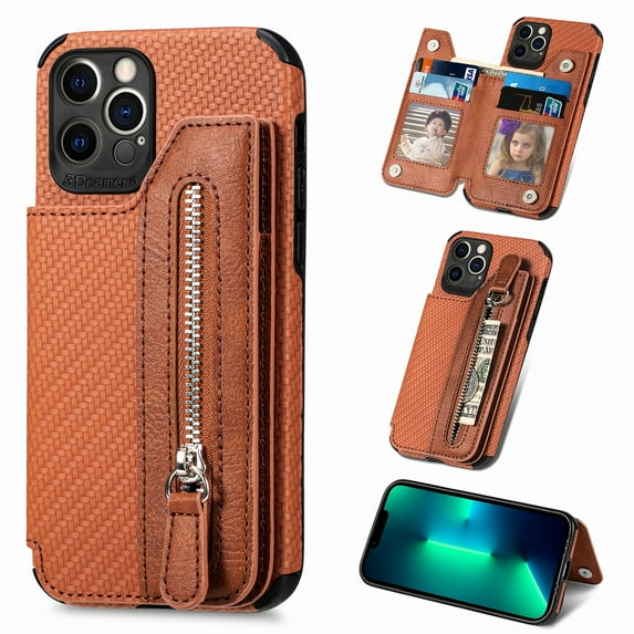 ELEHOLD Zipper Wallet Case for iPhone XS/X,Flip Folio Card Slots Zipper Storage Kickstand Function Magnetic Closure Full Body Shockproof Protective Case,brown