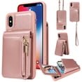 thumbnail image 1 of ELEHOLD Zipper Wallet Case for iPhone XS/X,Premium Leather with Organ Card Holders Zipper Purse Stand Function Detachable Long & Short Strap Crossbody Luxury Case,Rosegold, 1 of 8