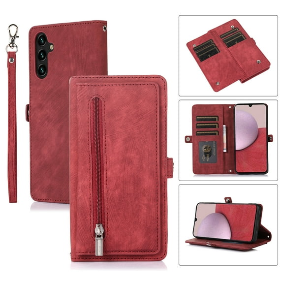 ELEHOLD Zipper Wallet Crossbody Case for Samsung Galaxy S24 Plus PU Leather Crossbody Shoulder Carrying Purse Case with Card Slots Kickstand Magnetic Protective Case for Samsung S24 Plus,Red