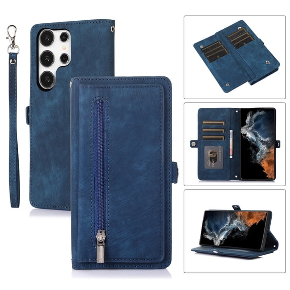 ELEHOLD Zipper Wallet Crossbody Case for Samsung Galaxy S24 Ultra PU Leather Crossbody Shoulder Carrying Purse Case with Card Slots Kickstand Magnetic Protective Case for Samsung S24 Ultra,Blue