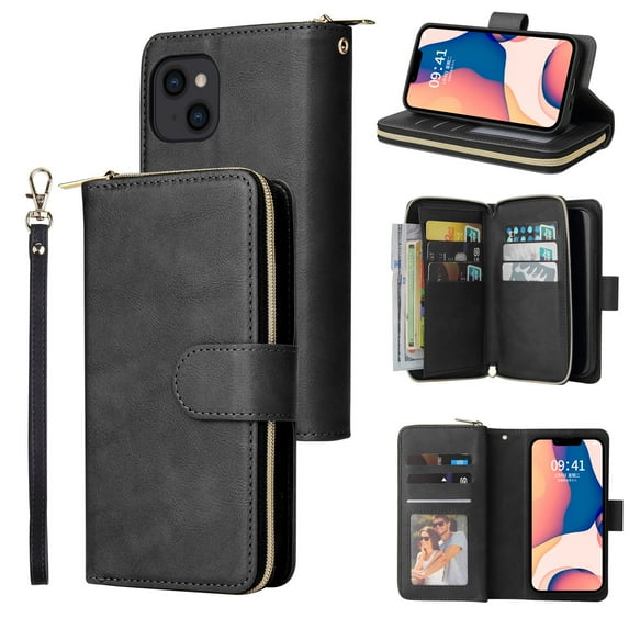 ELEHOLD Zipper Wallet for iPhone 15 Case,with Card Slots Zipper Pocket Kickstand Function Detachable Wriststrap Premium Leather Protective Shockproof Purse Cover for iPhone 15 6.1 Inch,Black