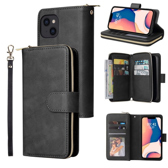 ELEHOLD Zipper Wallet for iPhone 15 Plus Case,with Card Slots Zipper Pocket Kickstand Function Detachable Wriststrap Premium Leather Protective Shockproof Purse Cover for iPhone 15 Plus,Black