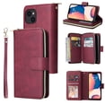 thumbnail image 1 of ELEHOLD Zipper Wallet for iPhone 15 Plus Case,with Card Slots Zipper Pocket Kickstand Function Detachable Wriststrap Premium Leather Protective Shockproof Purse Cover for iPhone 15 Plus,Winered, 1 of 8