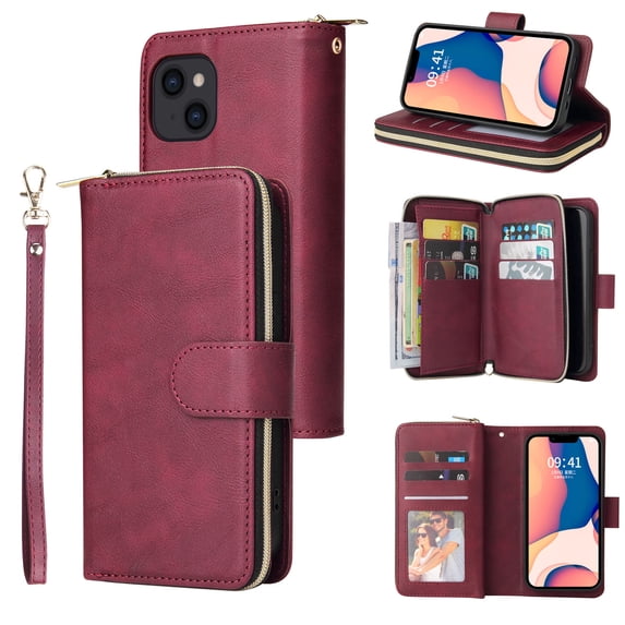 ELEHOLD Zipper Wallet for iPhone 15 Plus Case,with Card Slots Zipper Pocket Kickstand Function Detachable Wriststrap Premium Leather Protective Shockproof Purse Cover for iPhone 15 Plus,Winered