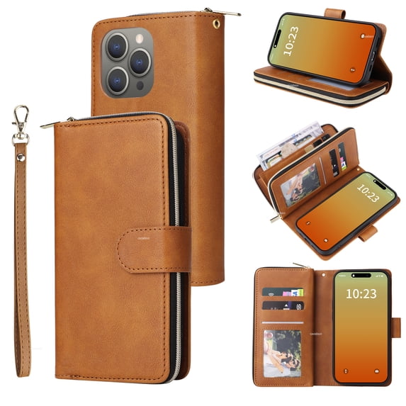 ELEHOLD Zipper Wallet for iPhone 15 Pro Max Case,with Card Slots Zipper Pocket Kickstand Function Detachable Wriststrap Premium Leather Protective Shockproof Purse Cover for iPhone 15 Pro Max,Brown
