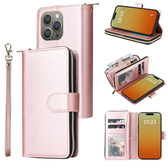 ELEHOLD Zipper Wallet for iPhone 15 Pro Max Case,with Card Slots Zipper Pocket Kickstand Function Detachable Wriststrap Premium Leather Protective Shockproof Purse Cover for iPhone 15 Pro Max,Rosegold