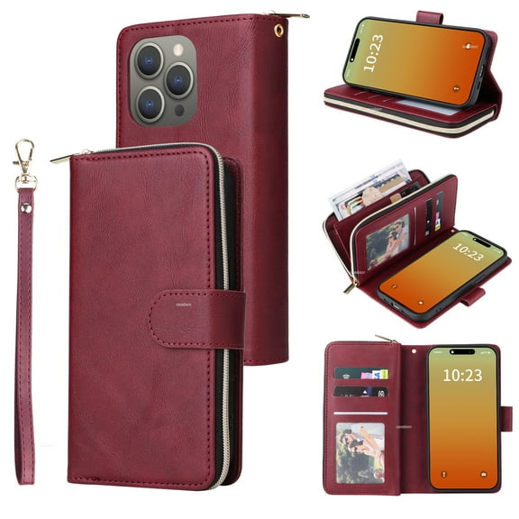 ELEHOLD Zipper Wallet for iPhone 15 Pro Max Case,with Card Slots Zipper Pocket Kickstand Function Detachable Wriststrap Premium Leather Protective Shockproof Purse Cover for iPhone 15 Pro Max,Winered