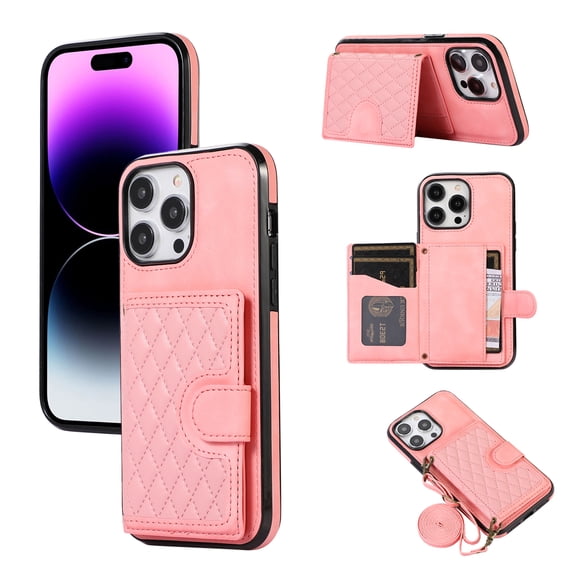 ELEHOLD for Apple iPhone 12 Pro, Wallet Case,Detachable Adjustable Shoulder Strap With Card Holder Shockproof Leather Kickstand Case, rosegold
