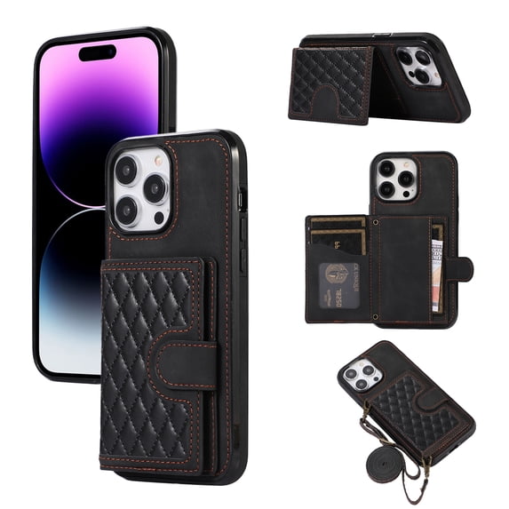 ELEHOLD for Apple iPhone 14 Plus, Wallet Case,Detachable Adjustable Shoulder Strap With Card Holder Shockproof Leather Kickstand Case, black