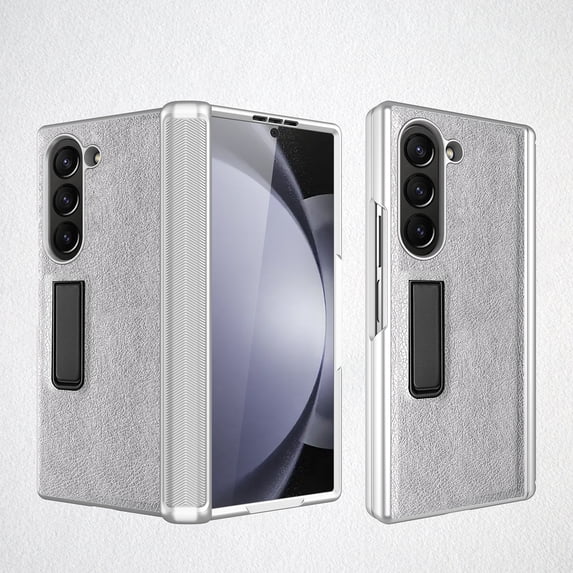ELEHOLD for Galaxy Z Fold 6 Phone Case with Kickstand, Full Body PU Leather Hinge Protection Case for Samsung Galaxy Z Fold 6,Silver