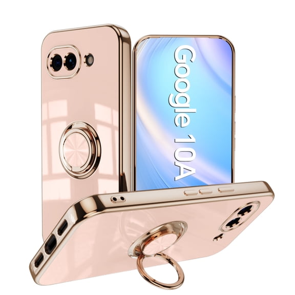 ELEHOLD for Google Pixel 10A Case , Slim Electroplated Frame Magnetic Compatible Car Mount Ring Kickstand Shockproof Anti-Scratch Cover, Pink
