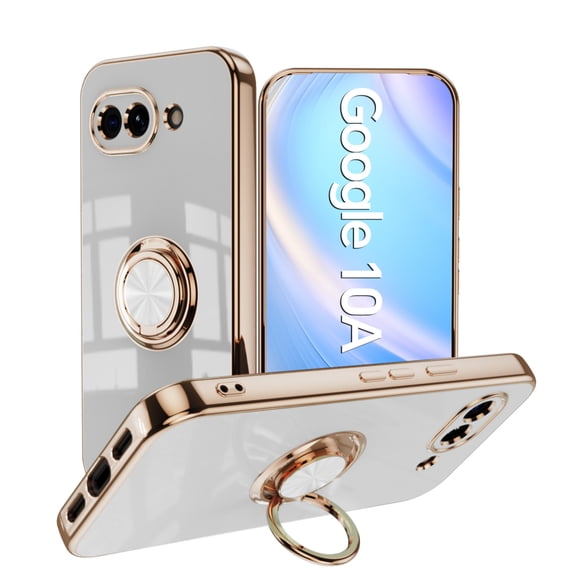 ELEHOLD for Google Pixel 10A Case , Slim Electroplated Frame Magnetic Compatible Car Mount Ring Kickstand Shockproof Anti-Scratch Cover, White