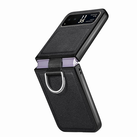 ELEHOLD for Motorola Razr 40 Leather Case Cover, with Metal Finger Ring Holder Slim Lightweight Shockproof Non-Slip Case for Motorola Razr 40,Black
