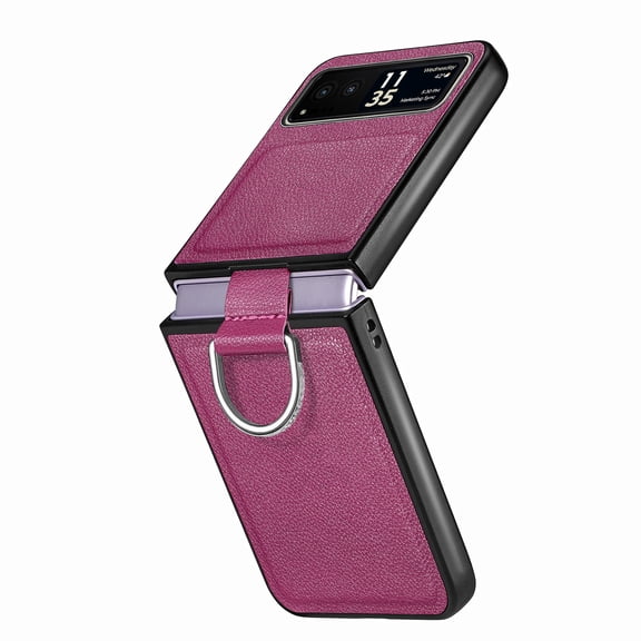 ELEHOLD for Motorola Razr 40 Leather Case Cover, with Metal Finger Ring Holder Slim Lightweight Shockproof Non-Slip Case for Motorola Razr 40,Purple
