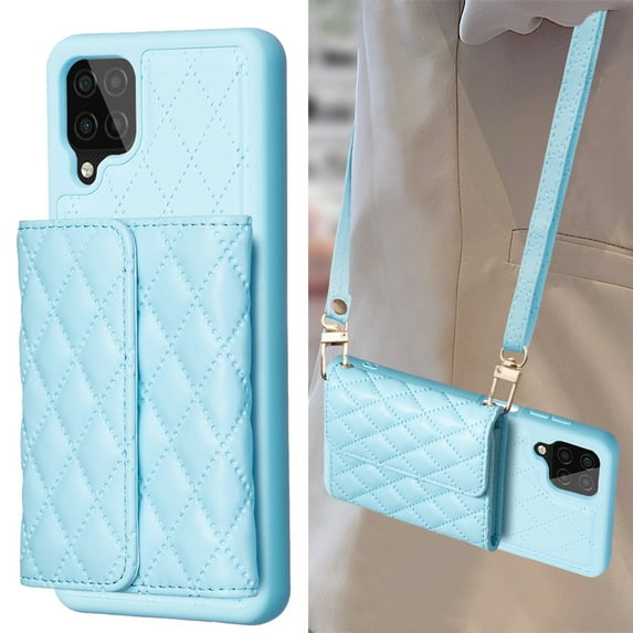 ELEHOLD for Samsung Galaxy A12 Case Wallet with Credit Card Holder Crossbody Lanyard, Soft PU Leather Magnetic Flip Folio Purse Case, Blue