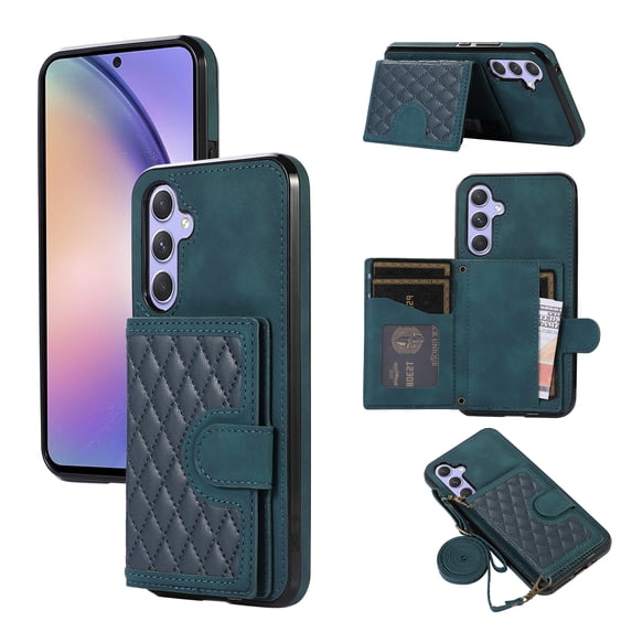 ELEHOLD for Samsung Galaxy A72, Wallet Case,Detachable Adjustable Shoulder Strap With Card Holder Shockproof Leather Kickstand Case, green