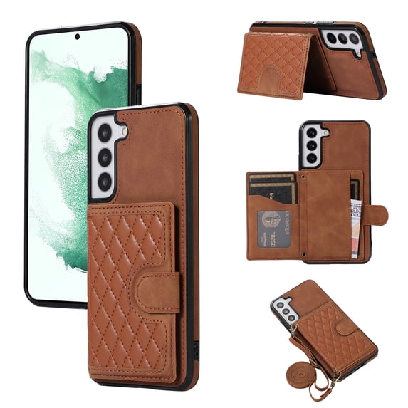 ELEHOLD for Samsung Galaxy S21 Plus, Wallet Case,Detachable Adjustable Shoulder Strap With Card Holder Shockproof Leather Kickstand Case, brown